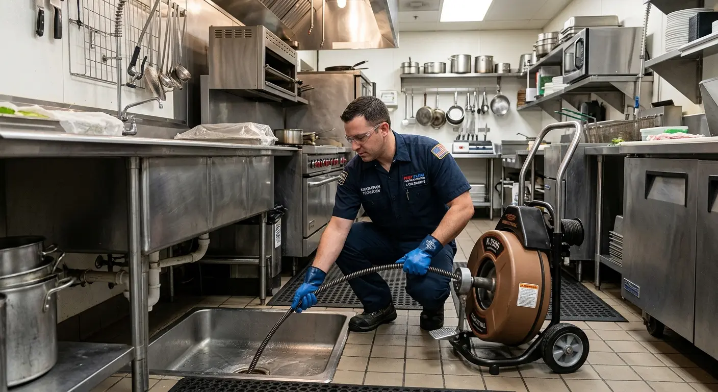 Commercial drain cleaning service in a restaurant kitchen in Palmview