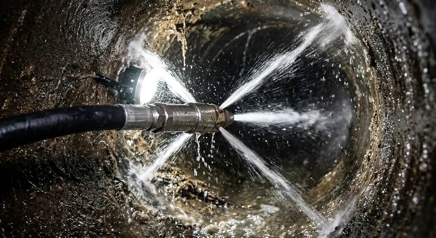High-pressure hydro jetting nozzle cleaning sewer pipe for Sewer Cleanout in Palmview