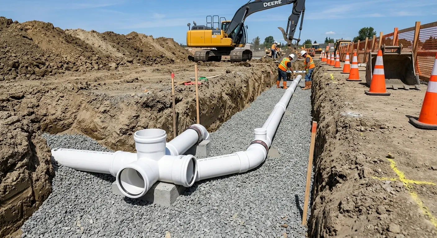 New PVC sewer pipe installation in open trench for Sewer Backup in Palmview
