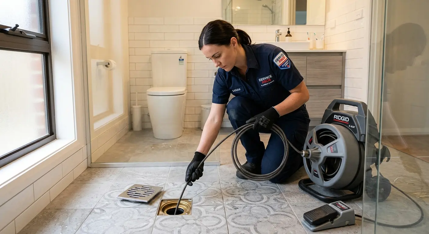 Technician clearing a bathroom floor drain for Sewer Line Replacement in Palmview